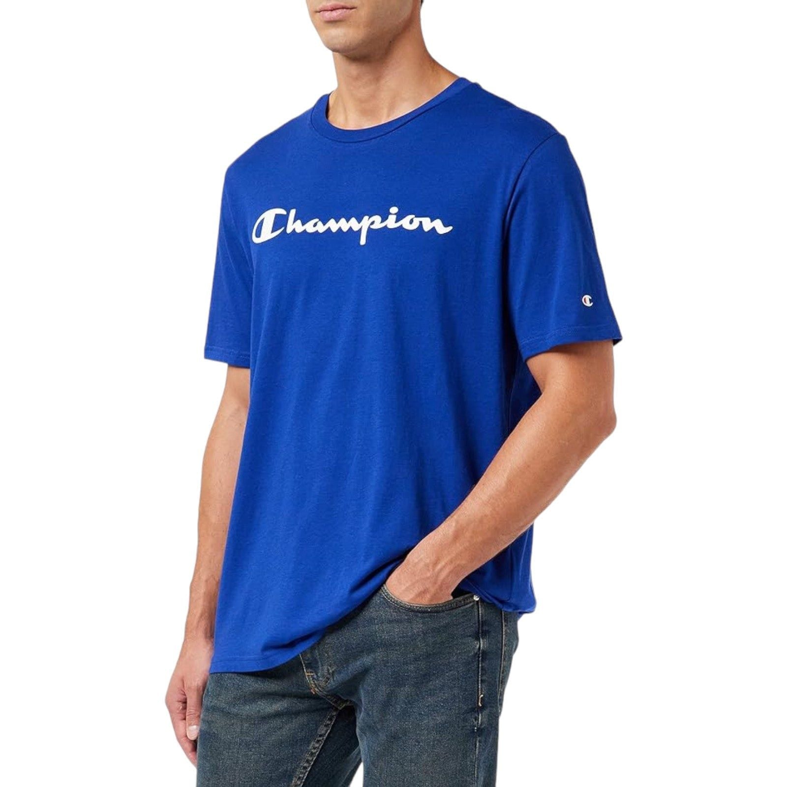 Champion Crew Neck Spellout Graphic T-Shirt - Blue - ViaductClothing -  -