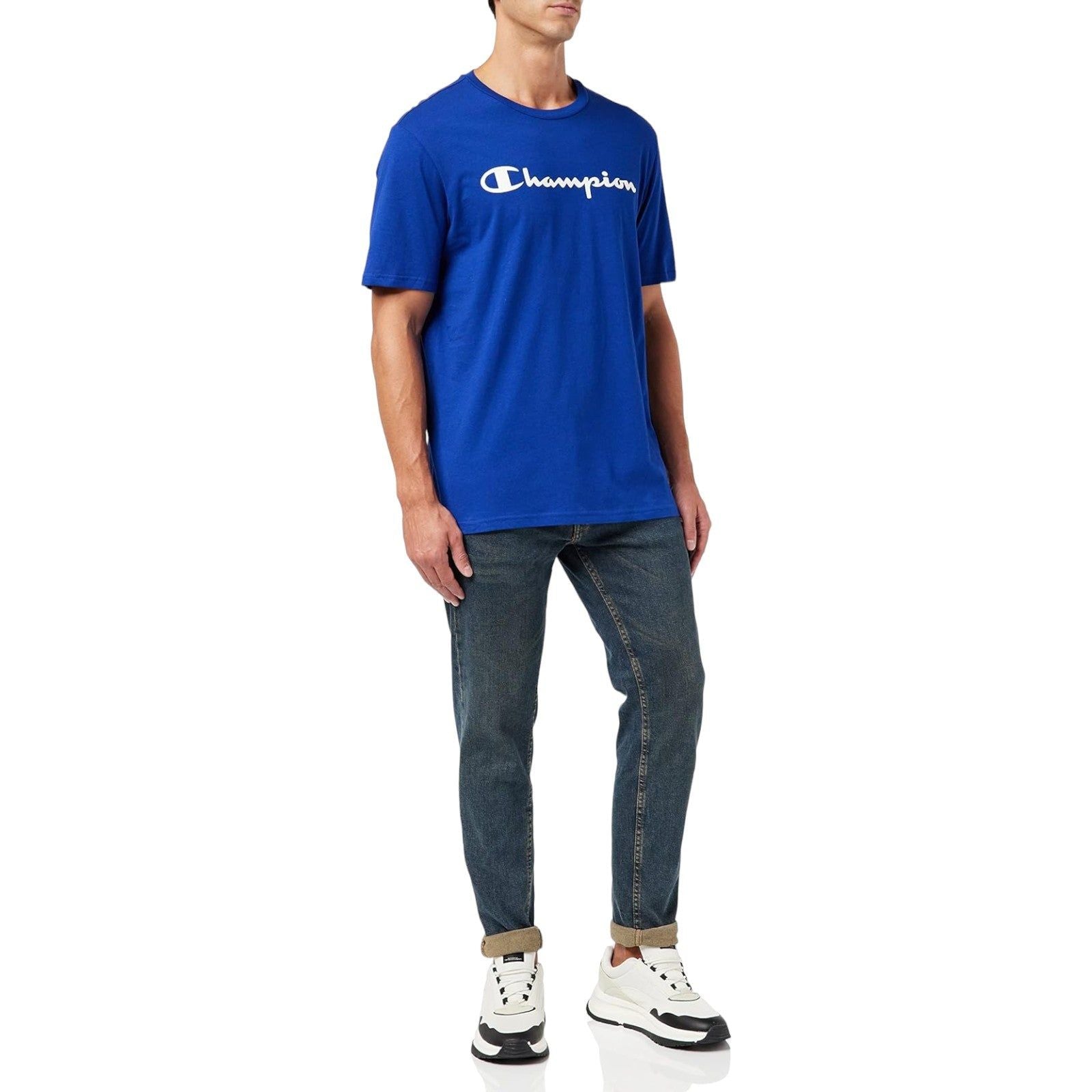 Champion Crew Neck Spellout Graphic T-Shirt - Blue - ViaductClothing -  -