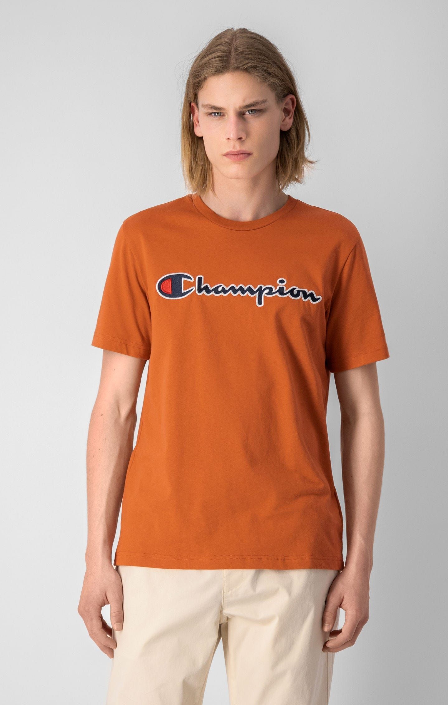 Champion Crewneck Spellout Logo T-Shirt - Orange - ViaductClothing -  -