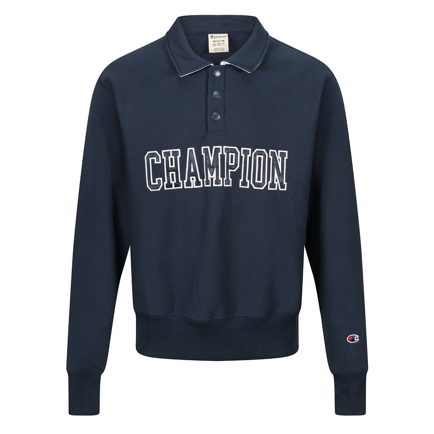 Champion Polo Neck Bookstore Spellout Logo Sweatshirt - Navy - ViaductClothing -  -