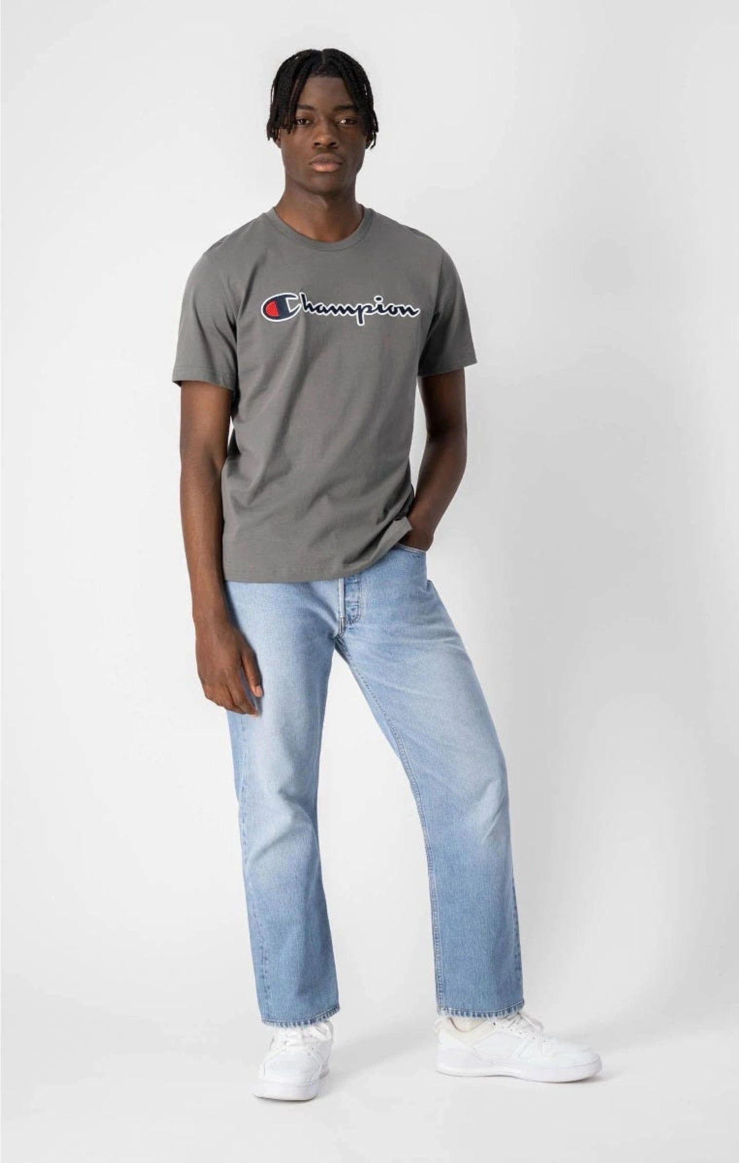 Champion Script Logo Spellout T-shirt - Grey - ViaductClothing -  -