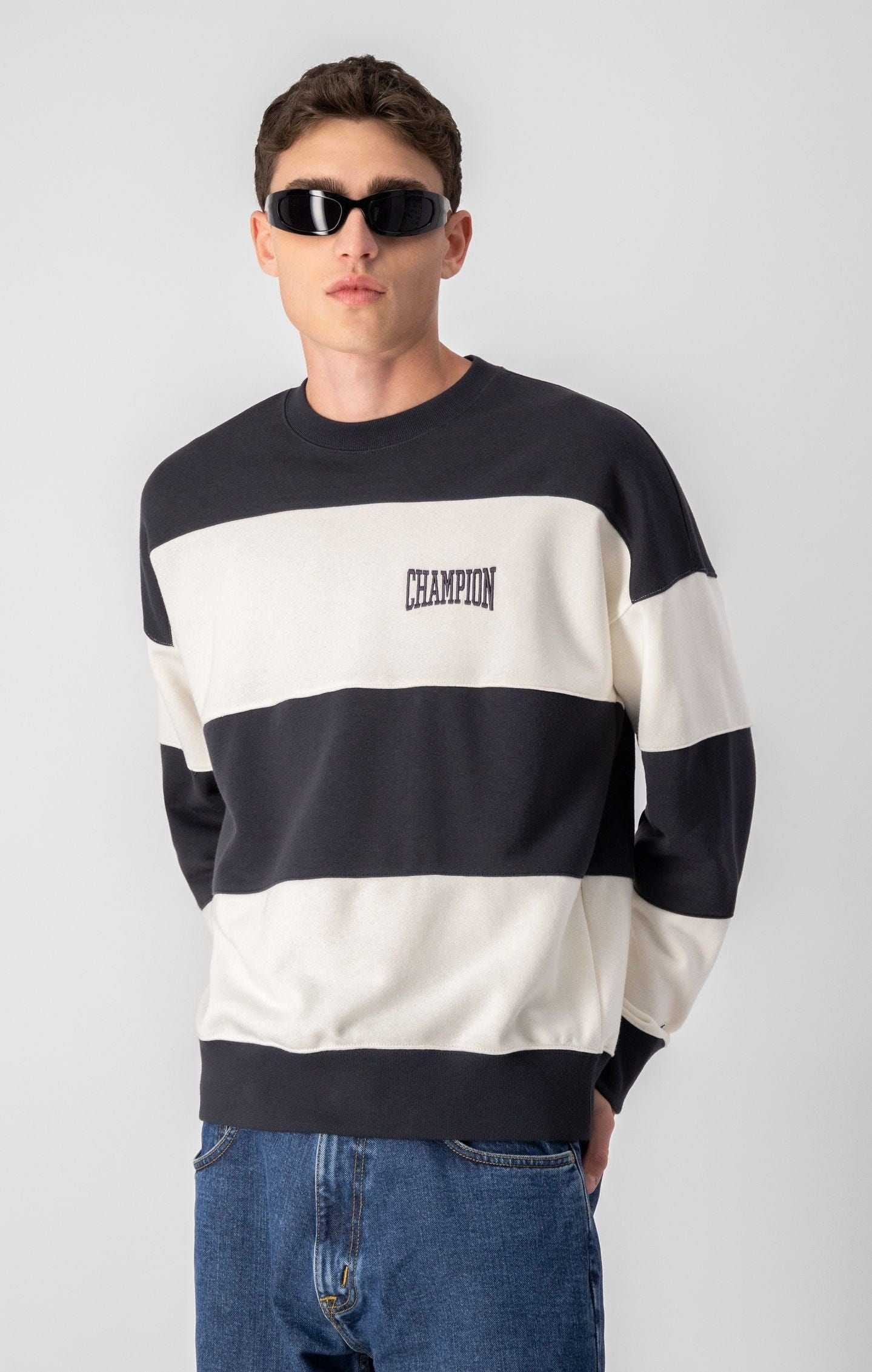 Champion Sweatshirt Preppy Bookstore Striped Logo Sweatshirt - Black White - ViaductClothing -  -