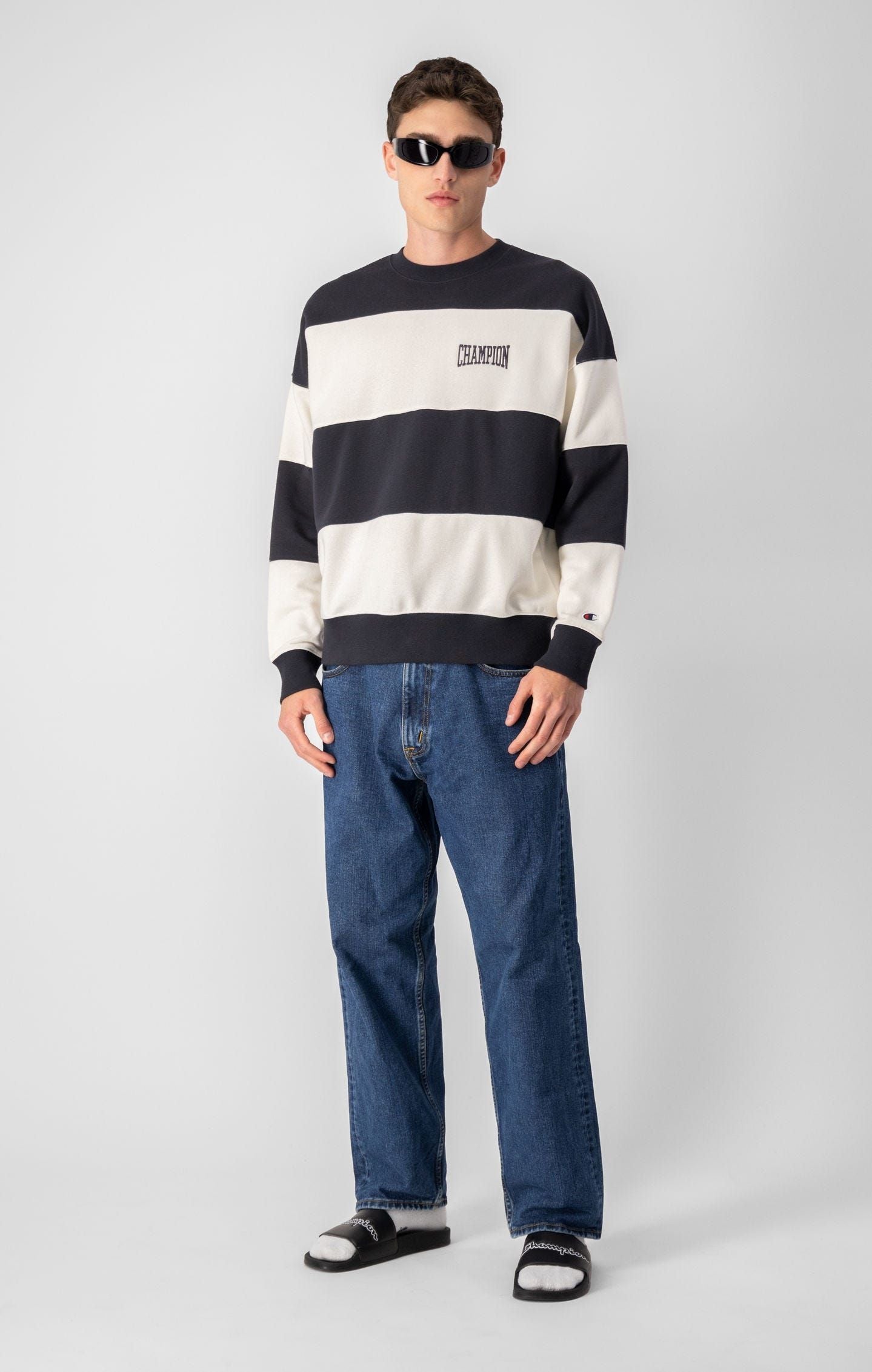 Champion Sweatshirt Preppy Bookstore Striped Logo Sweatshirt - Black White - ViaductClothing -  -