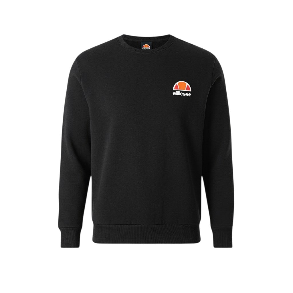 Black sweatshirt with a brand logo on a white background