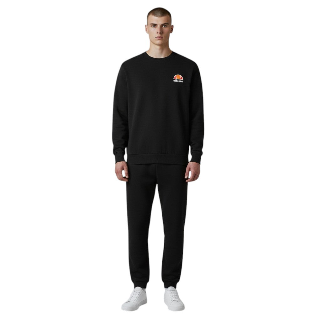 Side profile of the black ellesse Diveria sweatshirt, showcasing the relaxed sleeve drape and the ribbed cuff detail.
