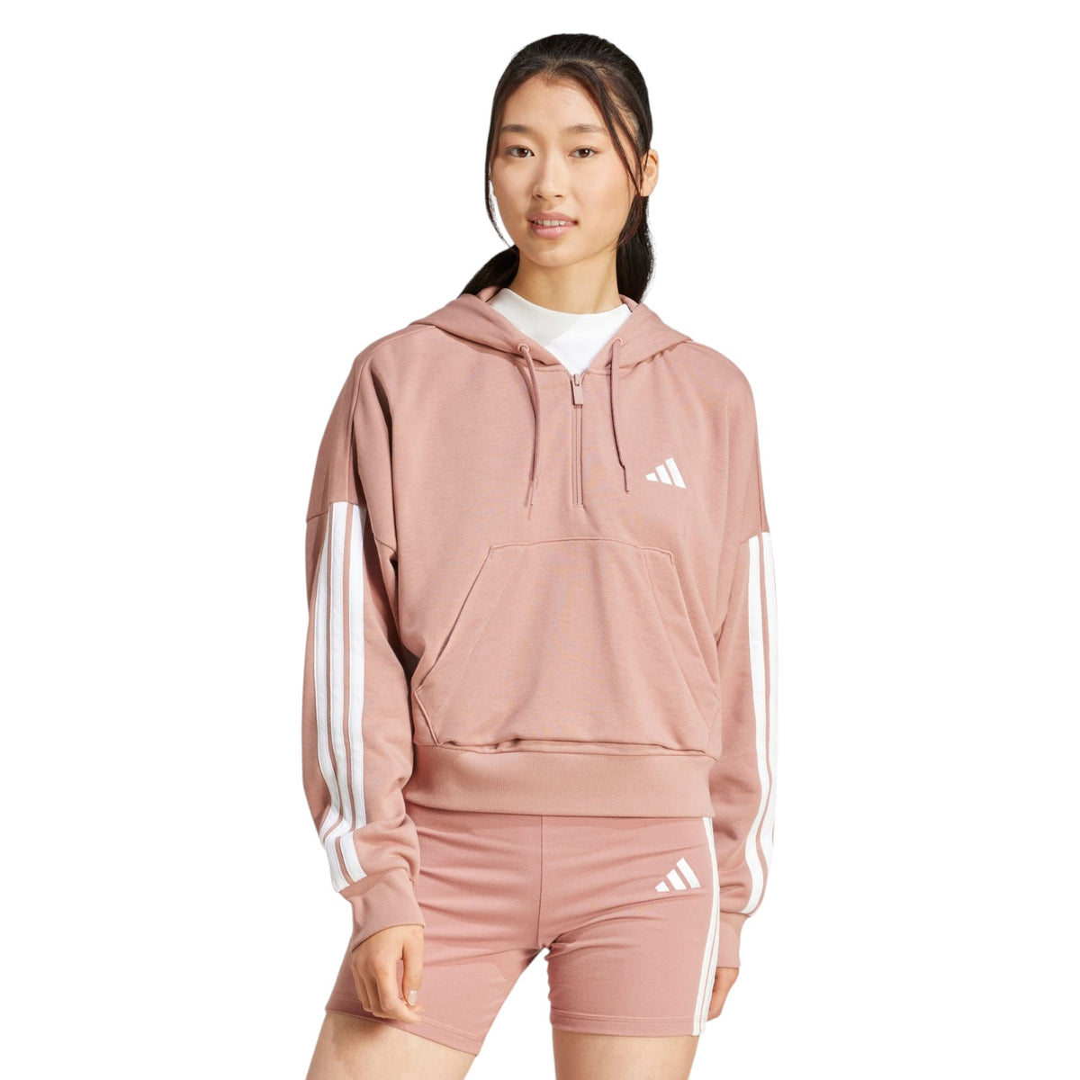 adidas Women's Essentials 3-Stripes French Terry Quarter-Zip Hoodie - Beige