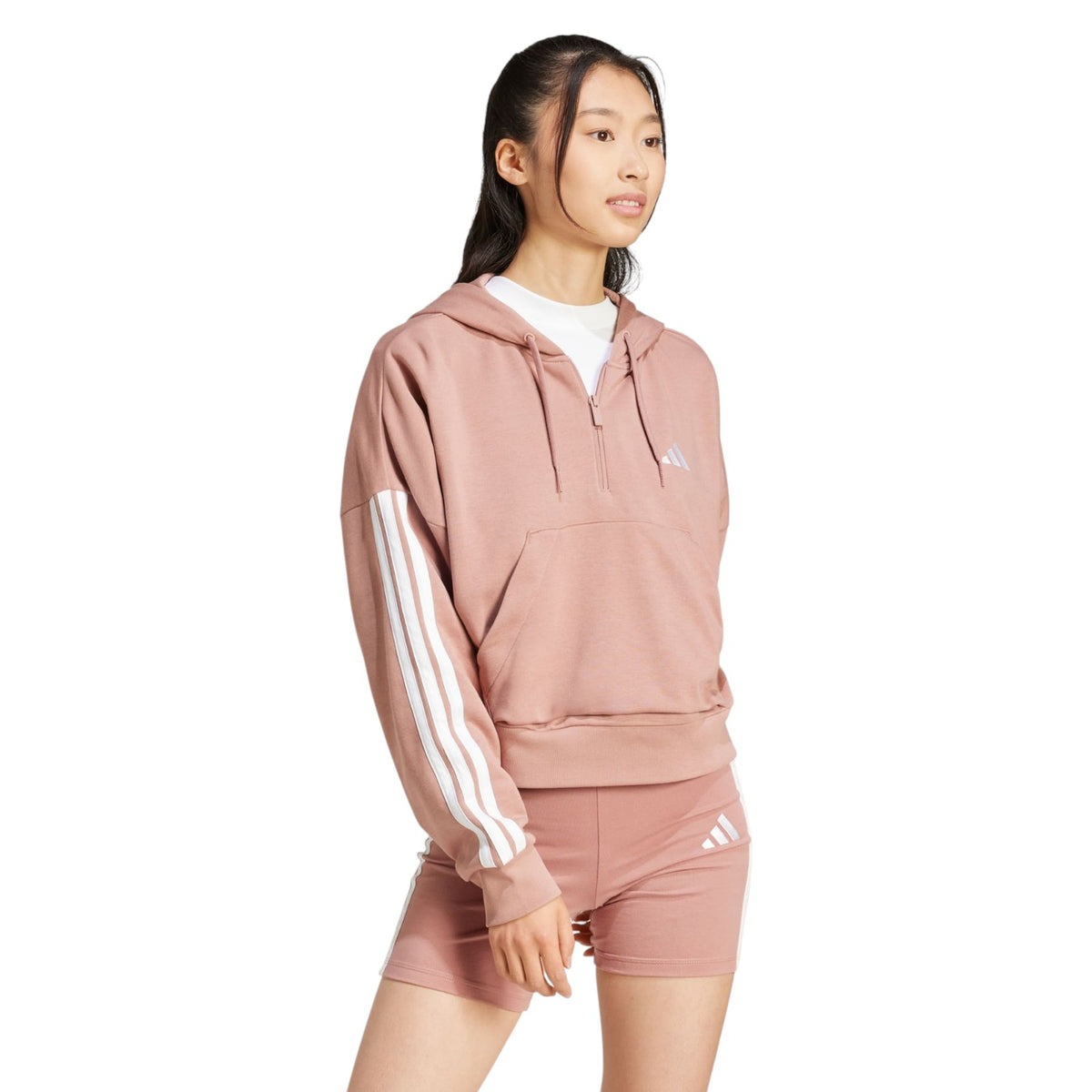 adidas Women's Essentials 3-Stripes French Terry Quarter-Zip Hoodie - Beige