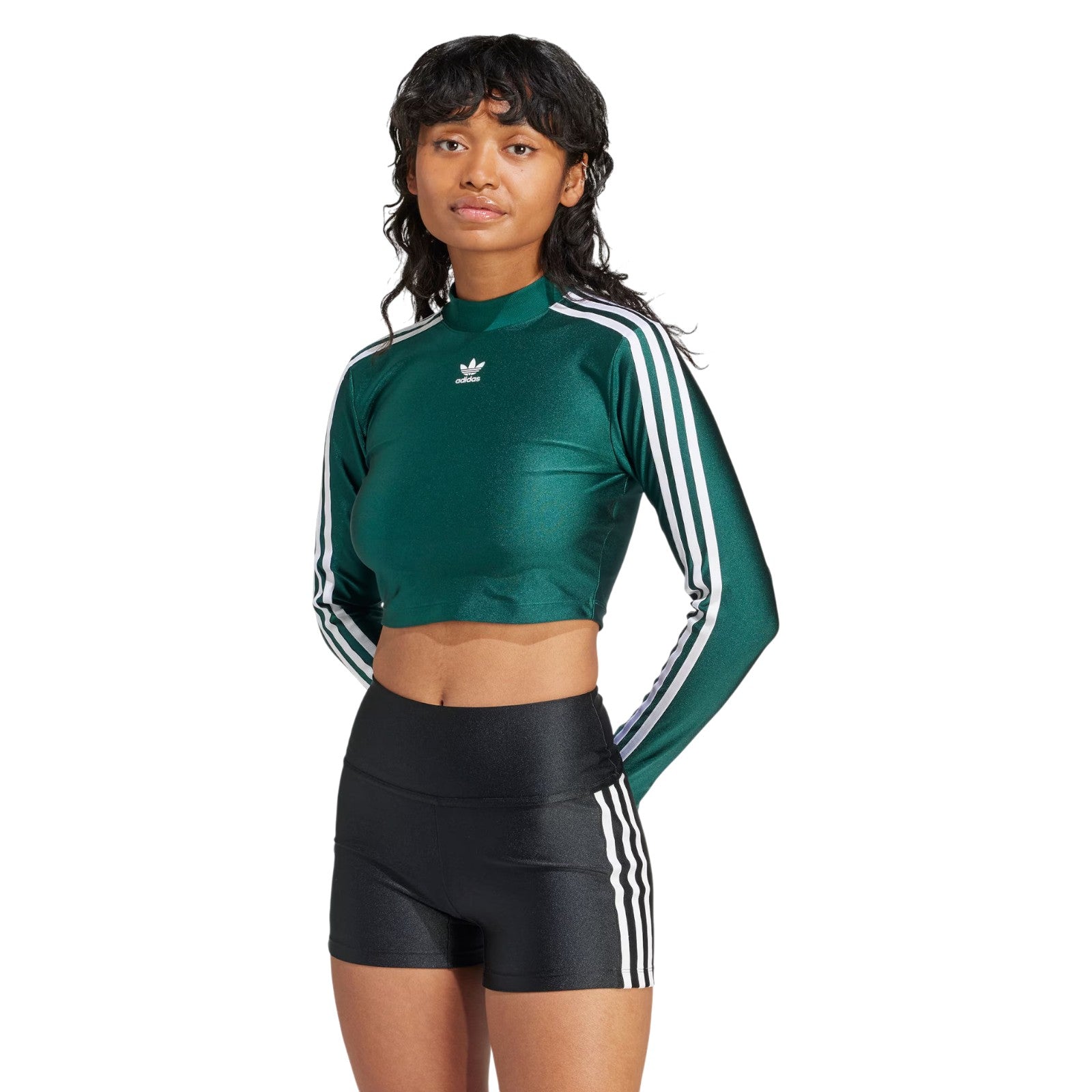adidas Originals Womens 3-Stripes Cropped Long Sleeve Tee - Green
