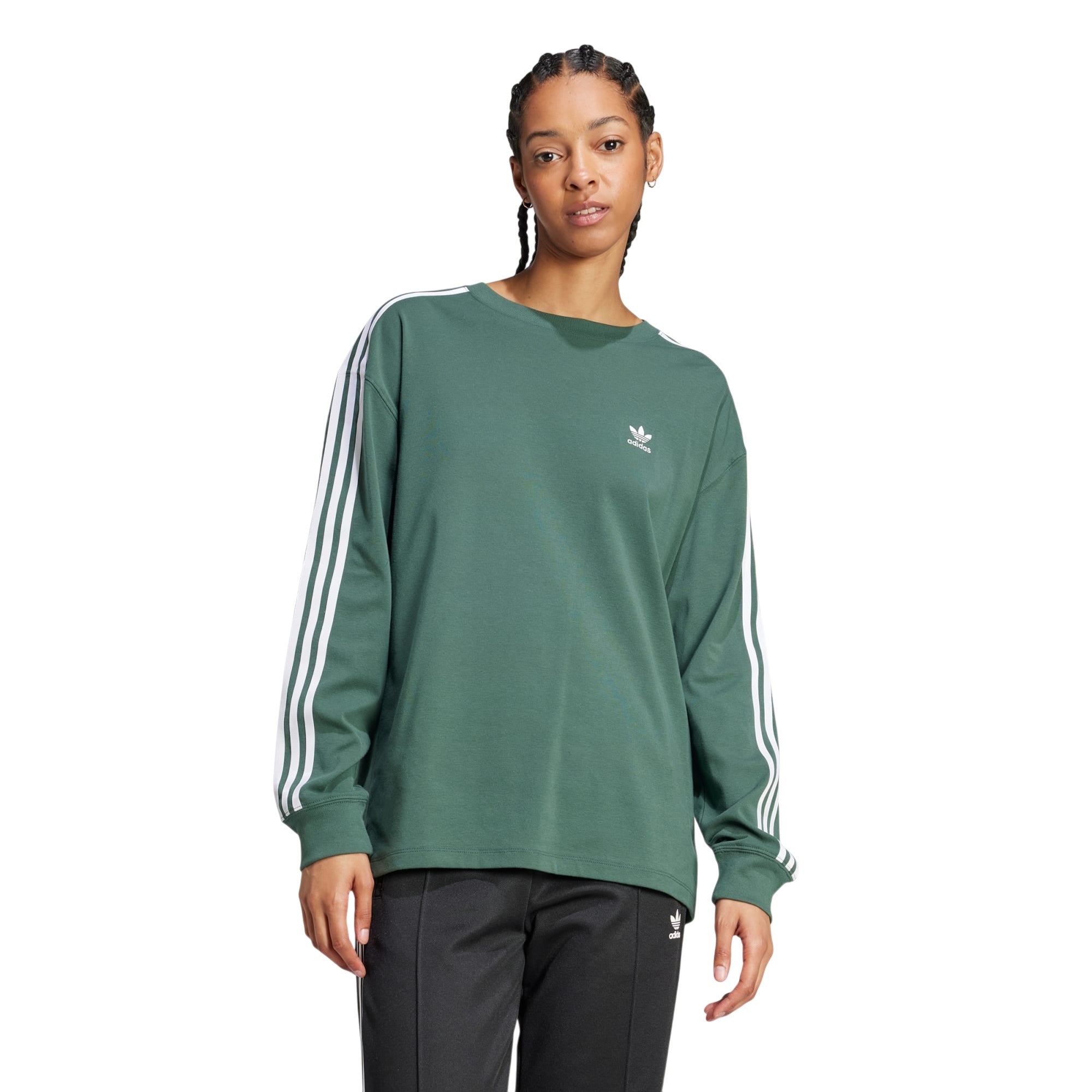 adidas Women's 3 Stripe Longsleeve T Shirt - Mineral Green