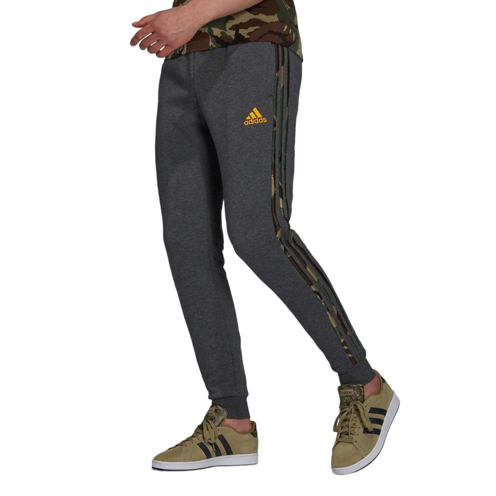 adidas Essentials Fleece Camo-Print Pants - Dark Grey Heather / Semi Solar Gold - ViaductClothing - -