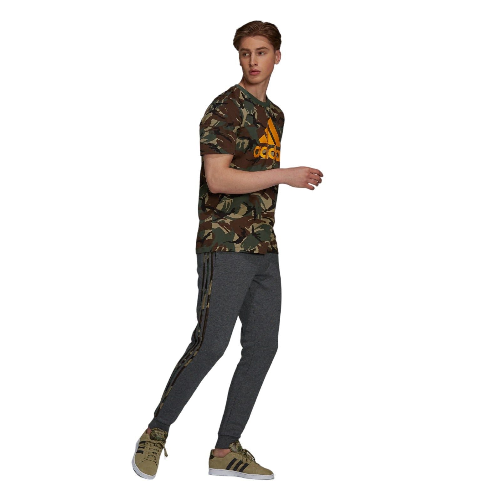 adidas Essentials Fleece Camo-Print Pants - Dark Grey Heather / Semi Solar Gold - ViaductClothing - -