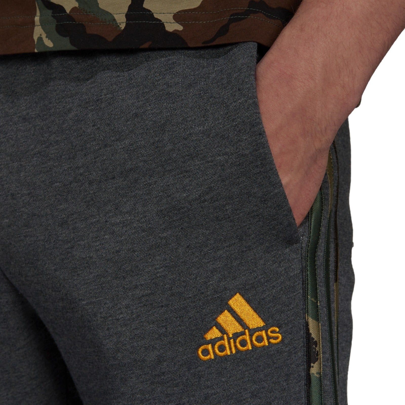 adidas Essentials Fleece Camo-Print Pants - Dark Grey Heather / Semi Solar Gold - ViaductClothing - -