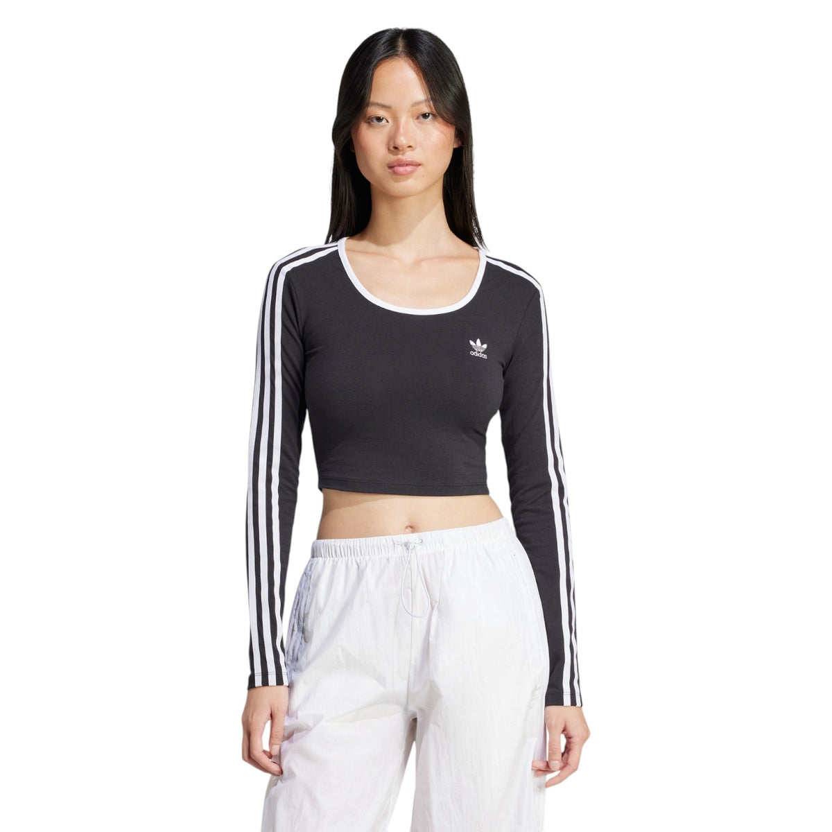 adidas Originals Women's Adicolor 3-Stripes Long Sleeve Crop T-Shirt - Black