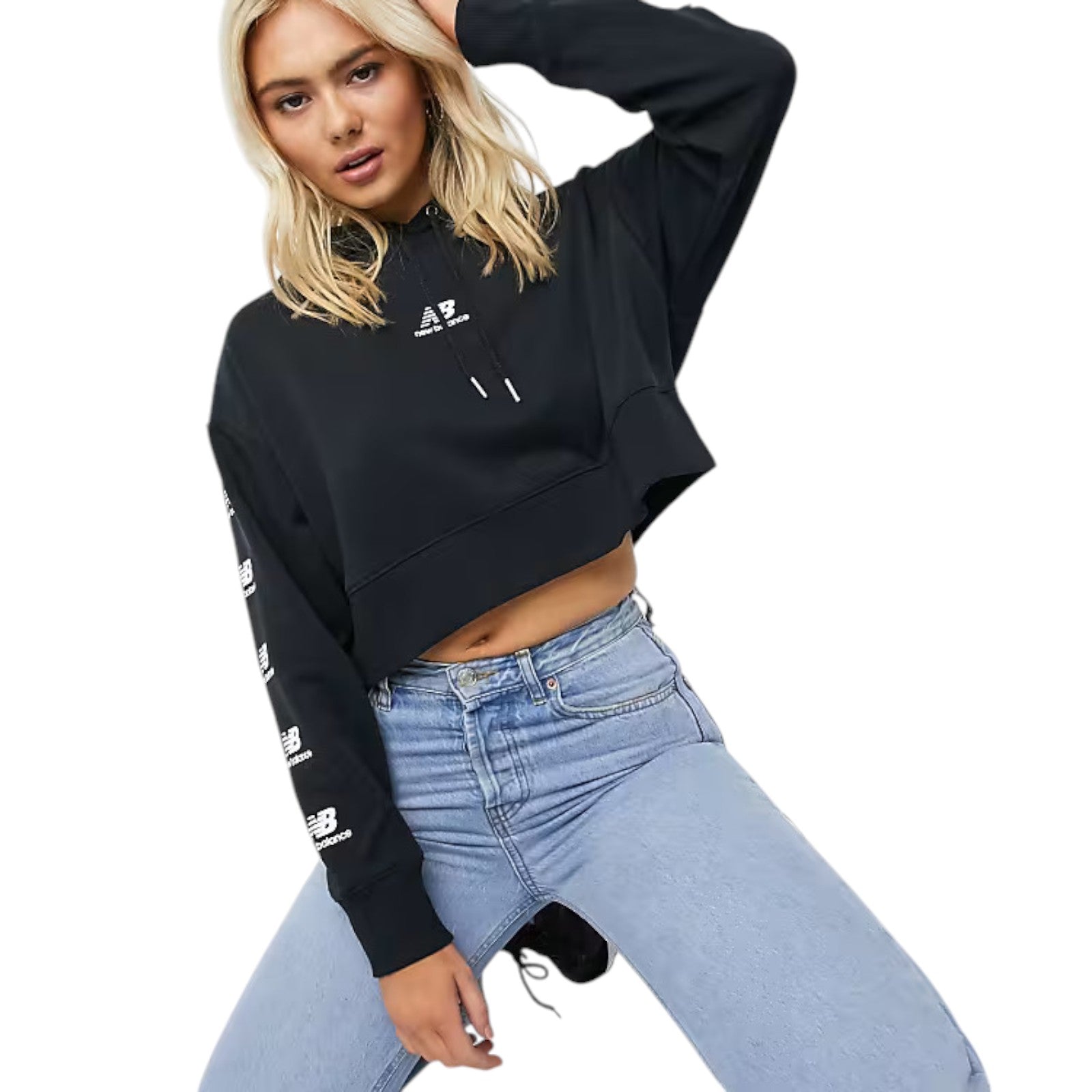 New Balance Womens Stacked Logo Cropped Hoodie - Black