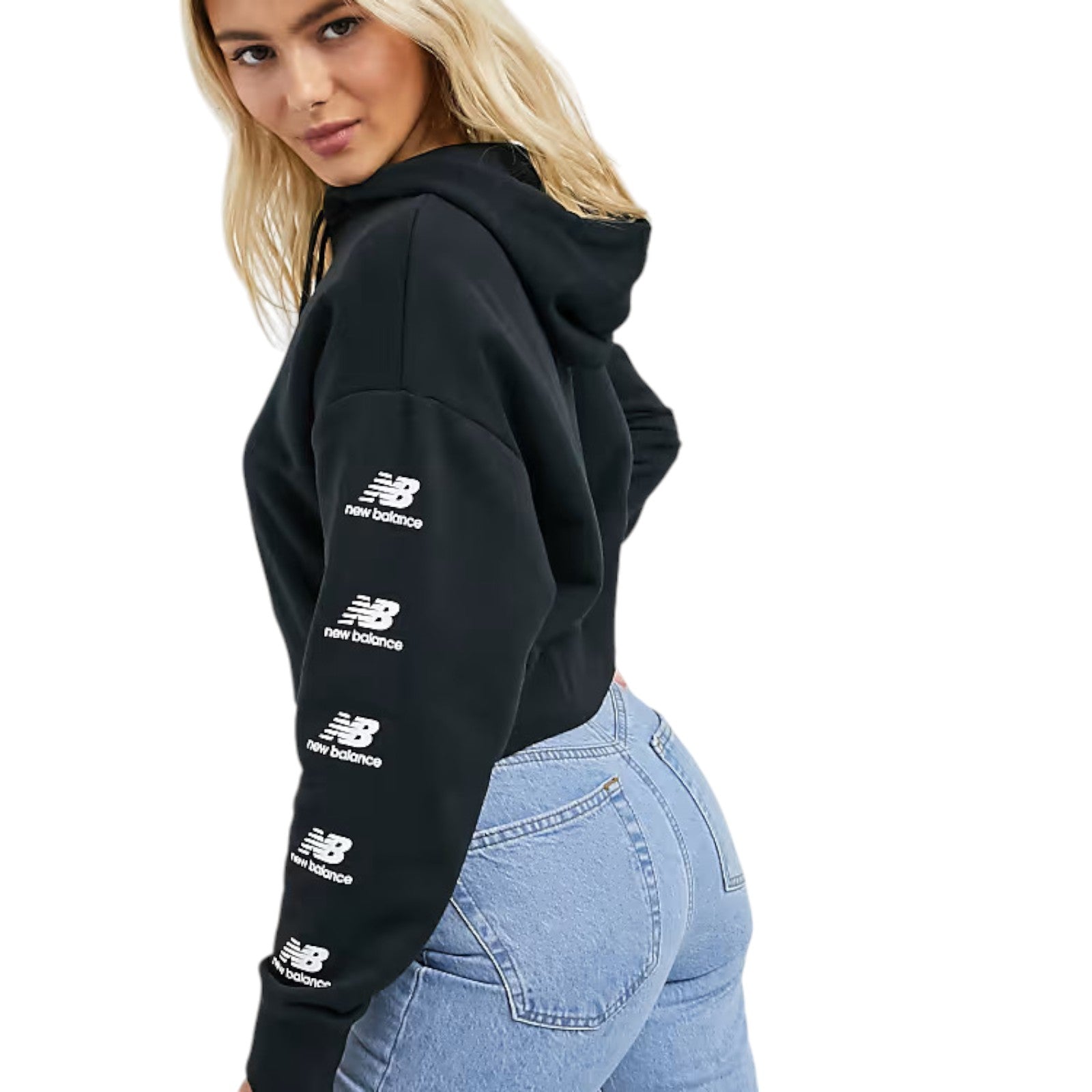 New Balance Womens Stacked Logo Cropped Hoodie - Black