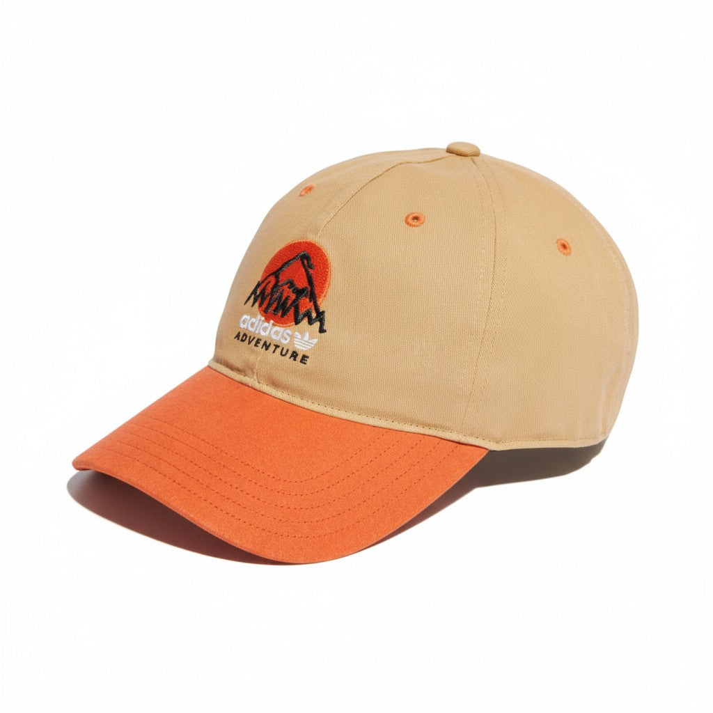 Beige and orange cap with a logo on a white background