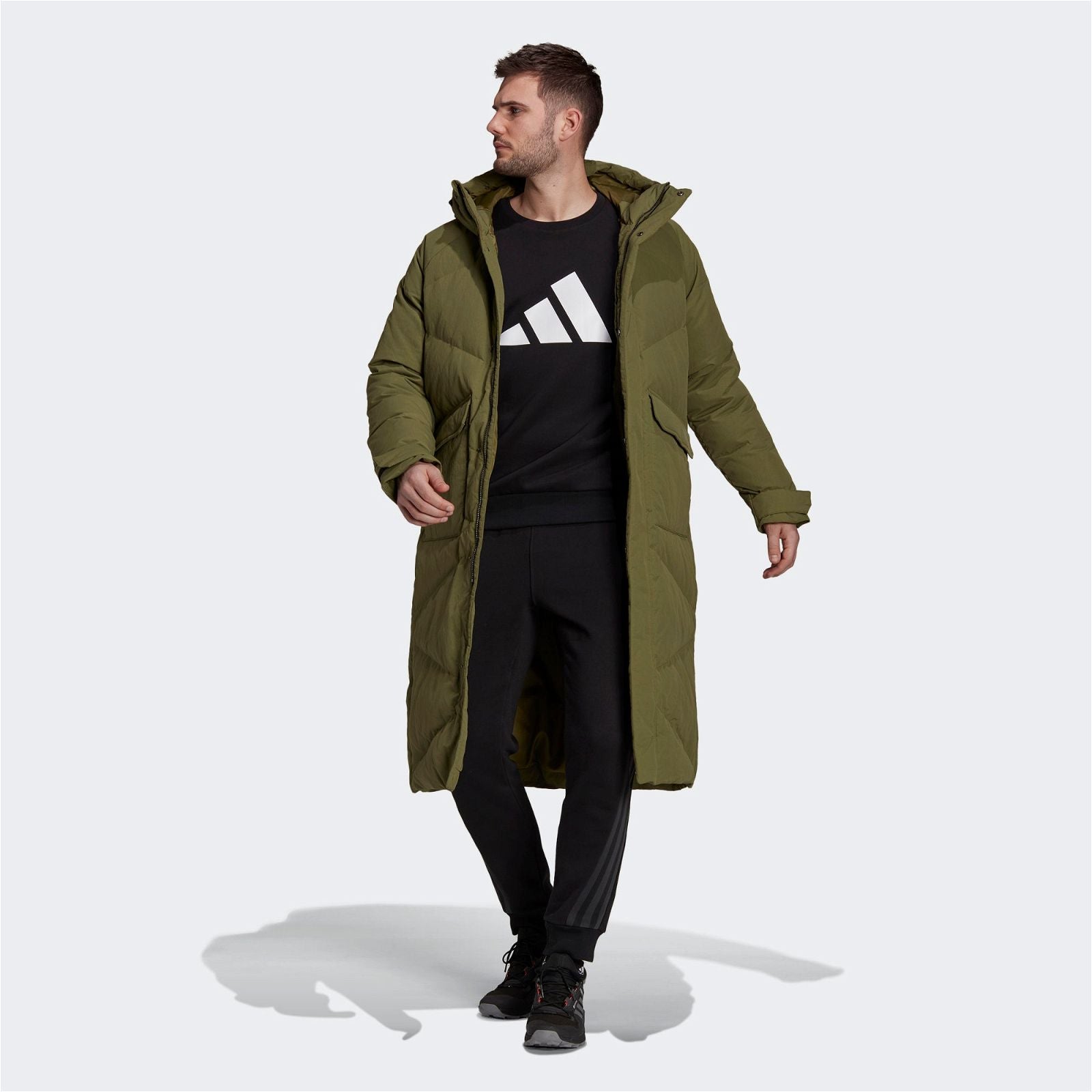 adidas Big Baffle Long Down Parka Coat - Focus Olive - ViaductClothing - -