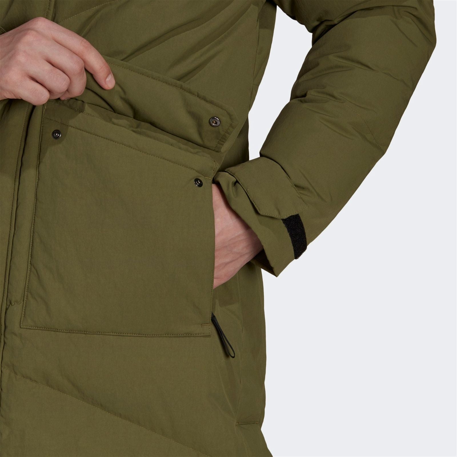 adidas Big Baffle Long Down Parka Coat - Focus Olive - ViaductClothing - -