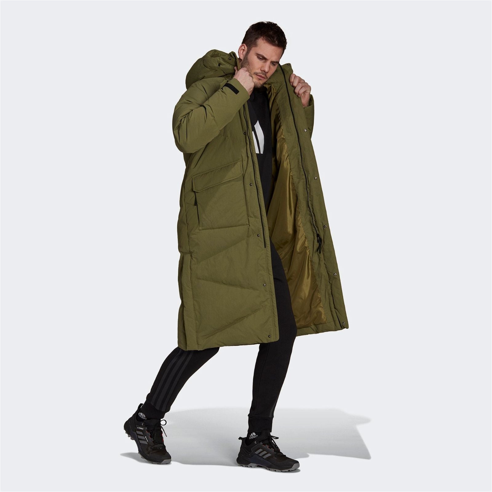 adidas Big Baffle Long Down Parka Coat - Focus Olive - ViaductClothing - -