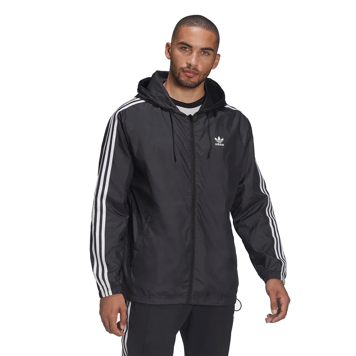 adidas Originals Adicolor 3-Stripes Windbreaker Full Zip Jacket - Black - ViaductClothing