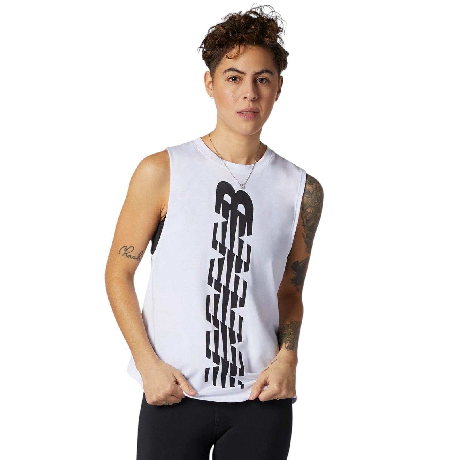New Balance Womens Relentless Cinched Back Graphic Tank Top - White