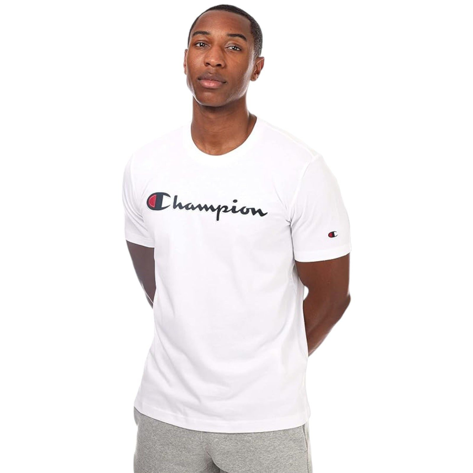 Champion white script tee shop