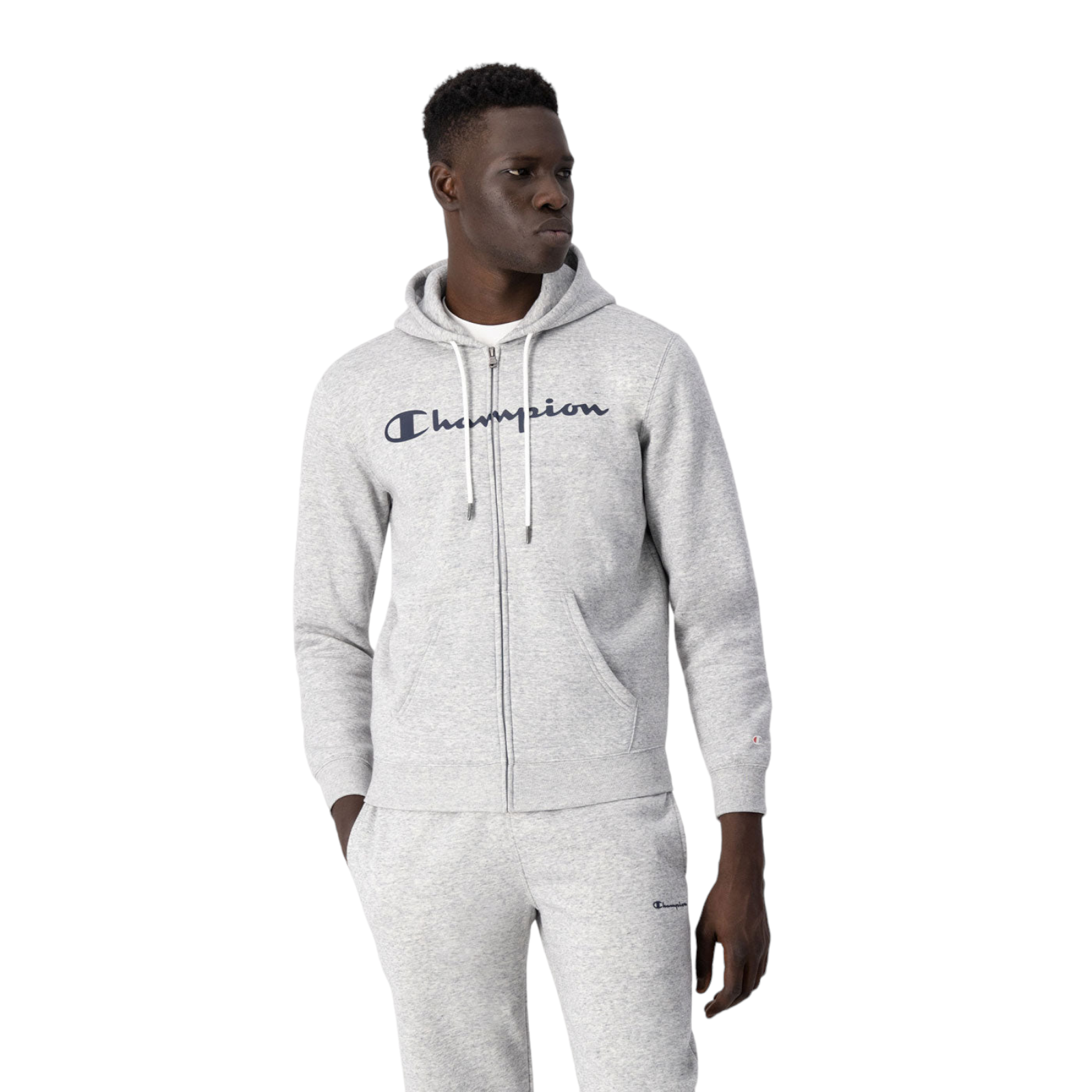 Champion Script Spellout Full Zip Fleece Hoodie - Light Grey - ViaductClothing -  -  