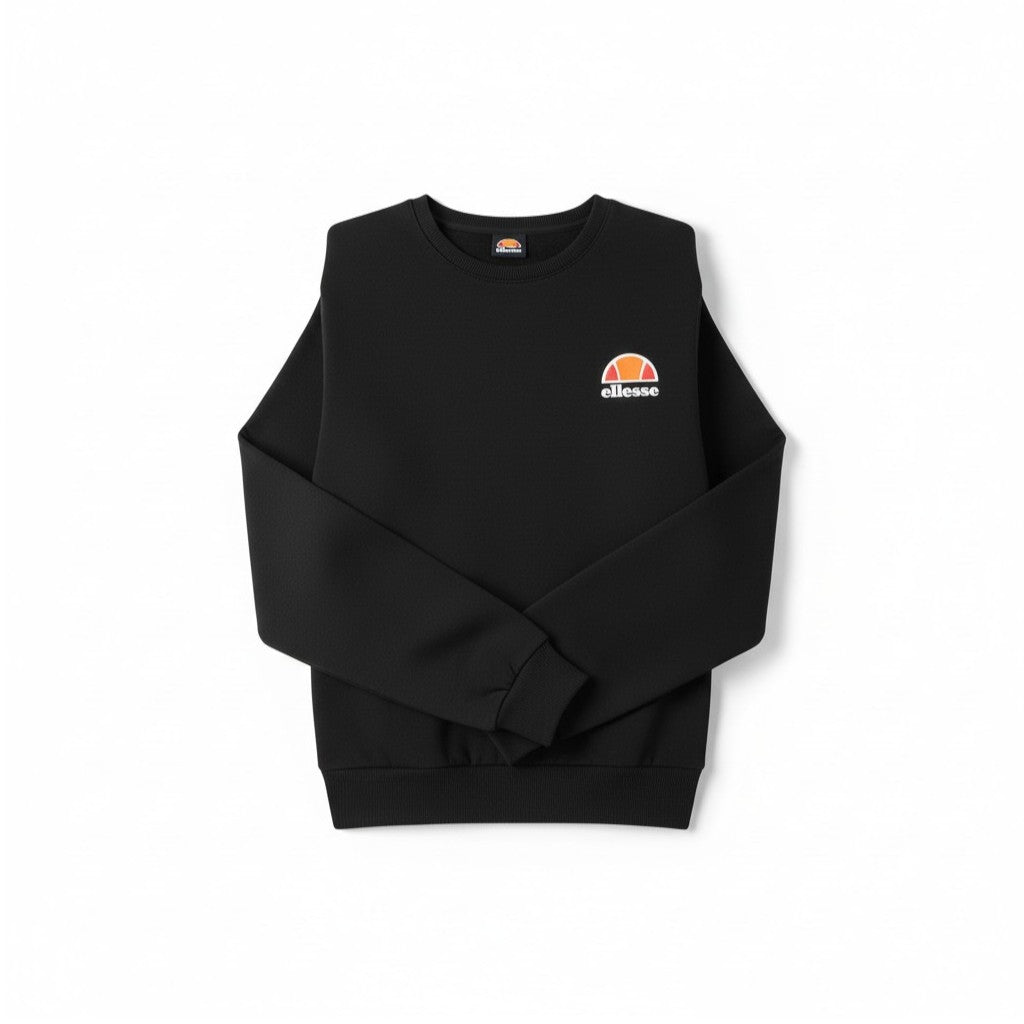 Overhead view of the sweatshirt laid flat, highlighting the ribbed neckline and the signature ellesse stacked print on the chest.