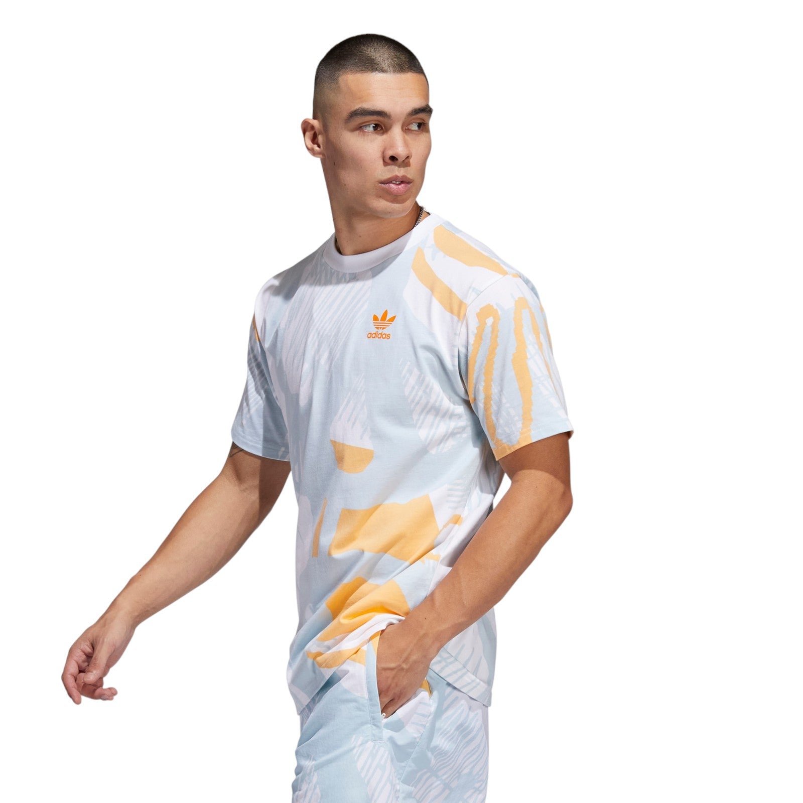 adidas Originals Adiplay Allover Print Short Sleeve Tee - Multi White / Orange Rush