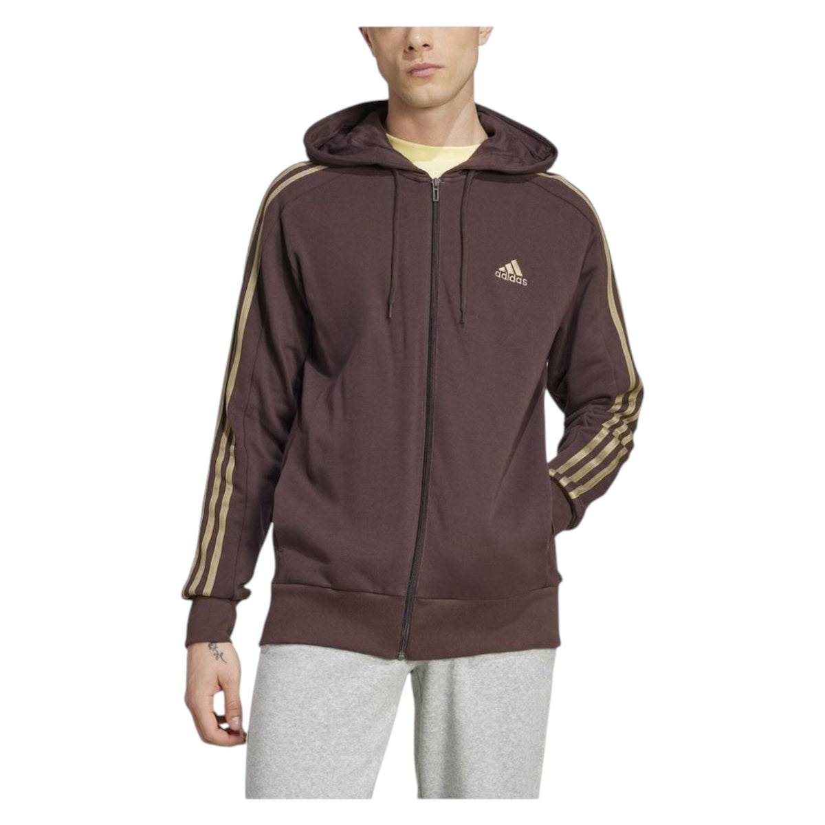 adidas Men's Essentials French Terry 3-Stripes Full-Zip Hoodie - Brown