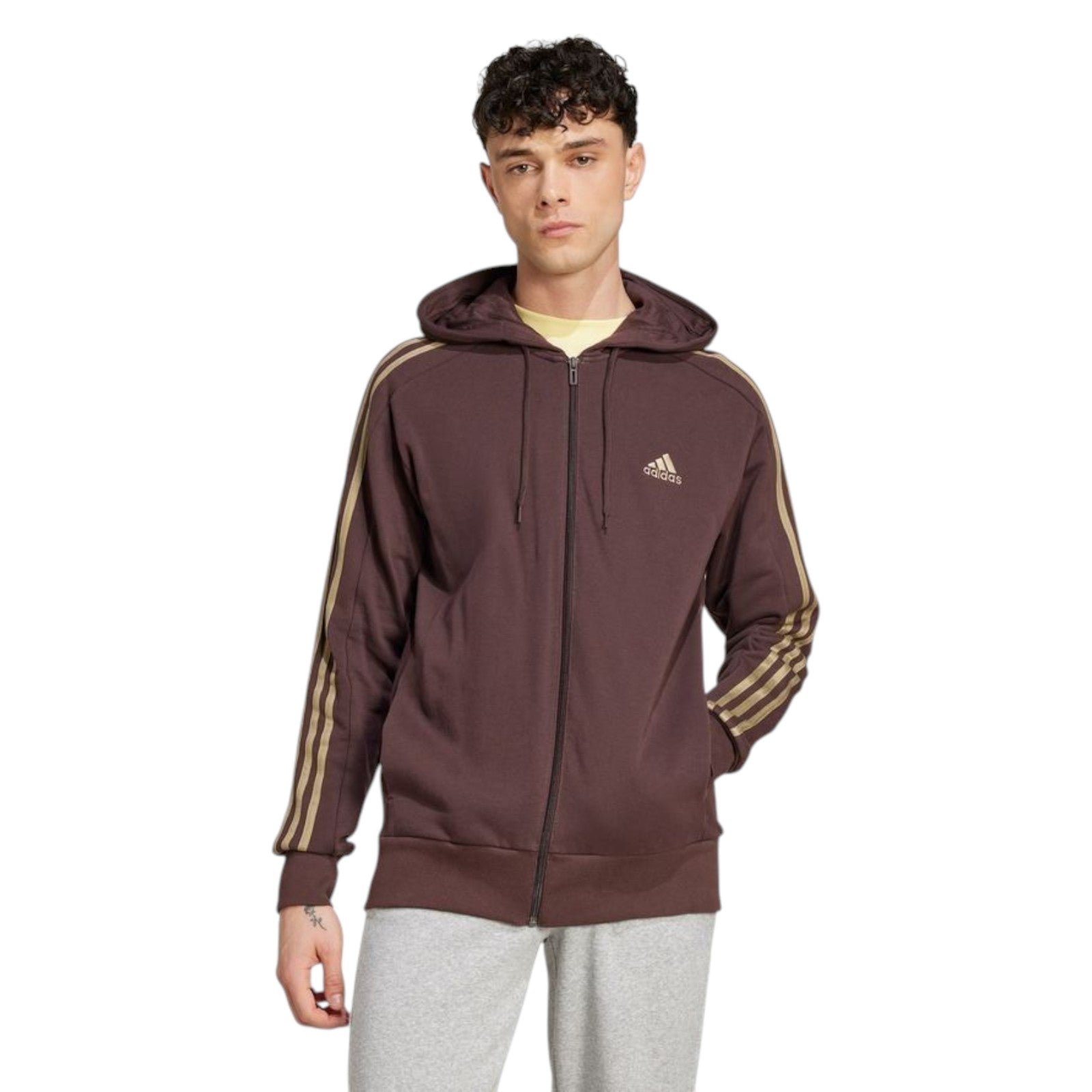 adidas Men's Essentials French Terry 3-Stripes Full-Zip Hoodie - Brown