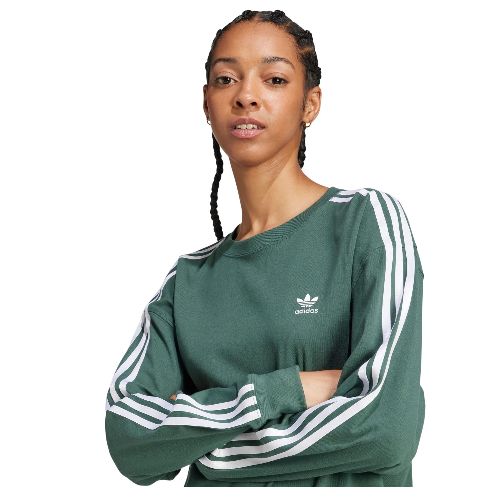 adidas Women's 3 Stripe Longsleeve T Shirt - Mineral Green