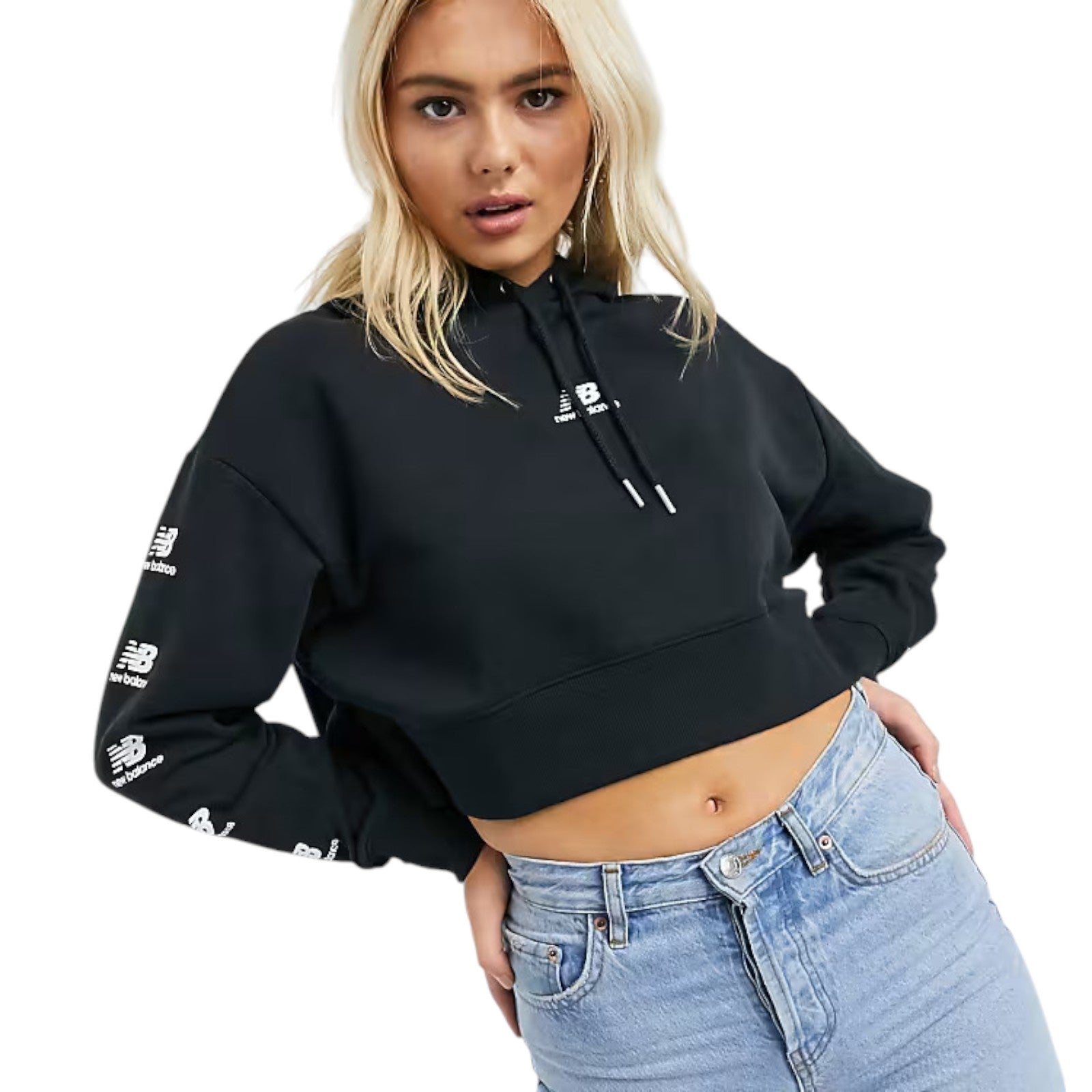 New Balance Womens Stacked Logo Cropped Hoodie - Black