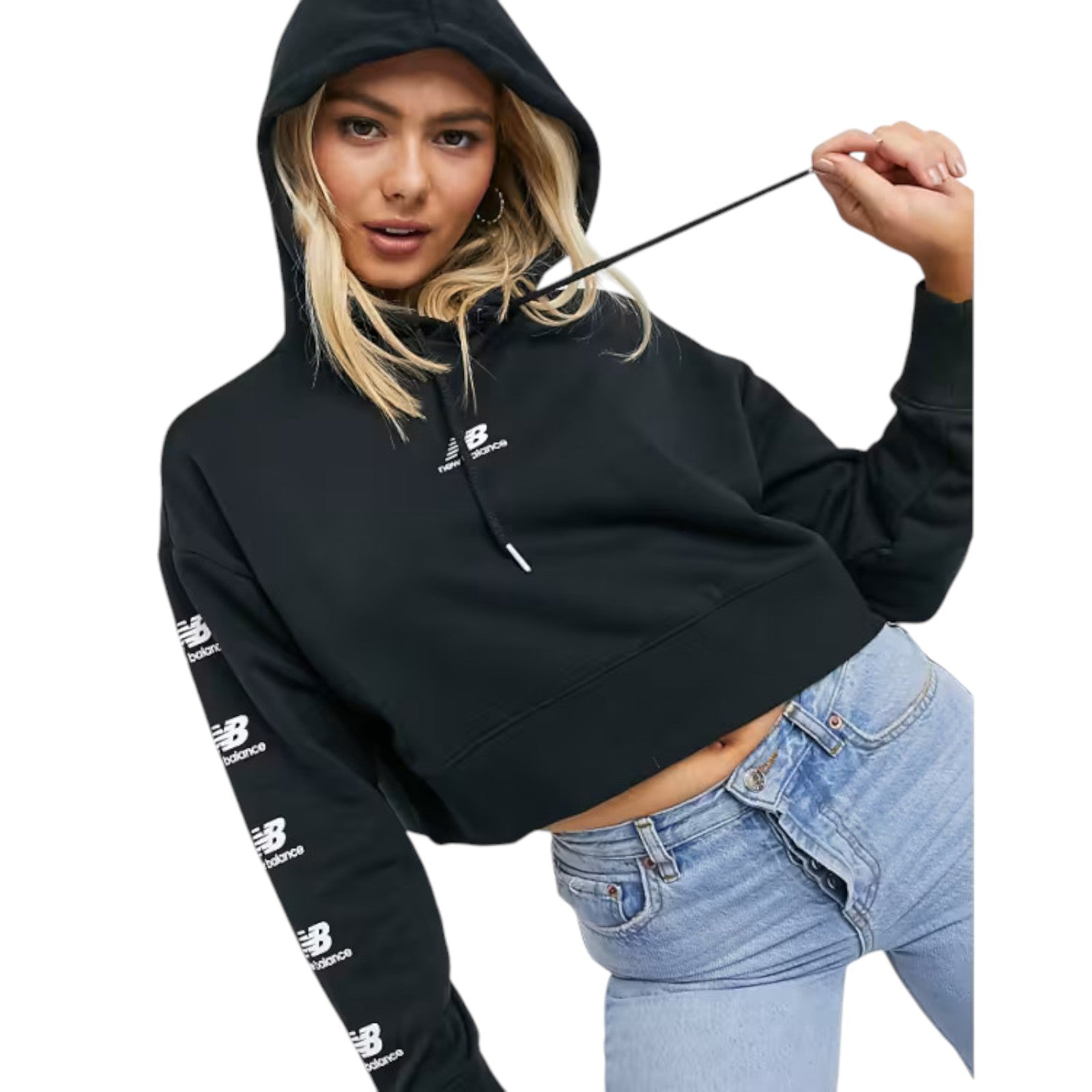 New Balance Womens Stacked Logo Cropped Hoodie - Black