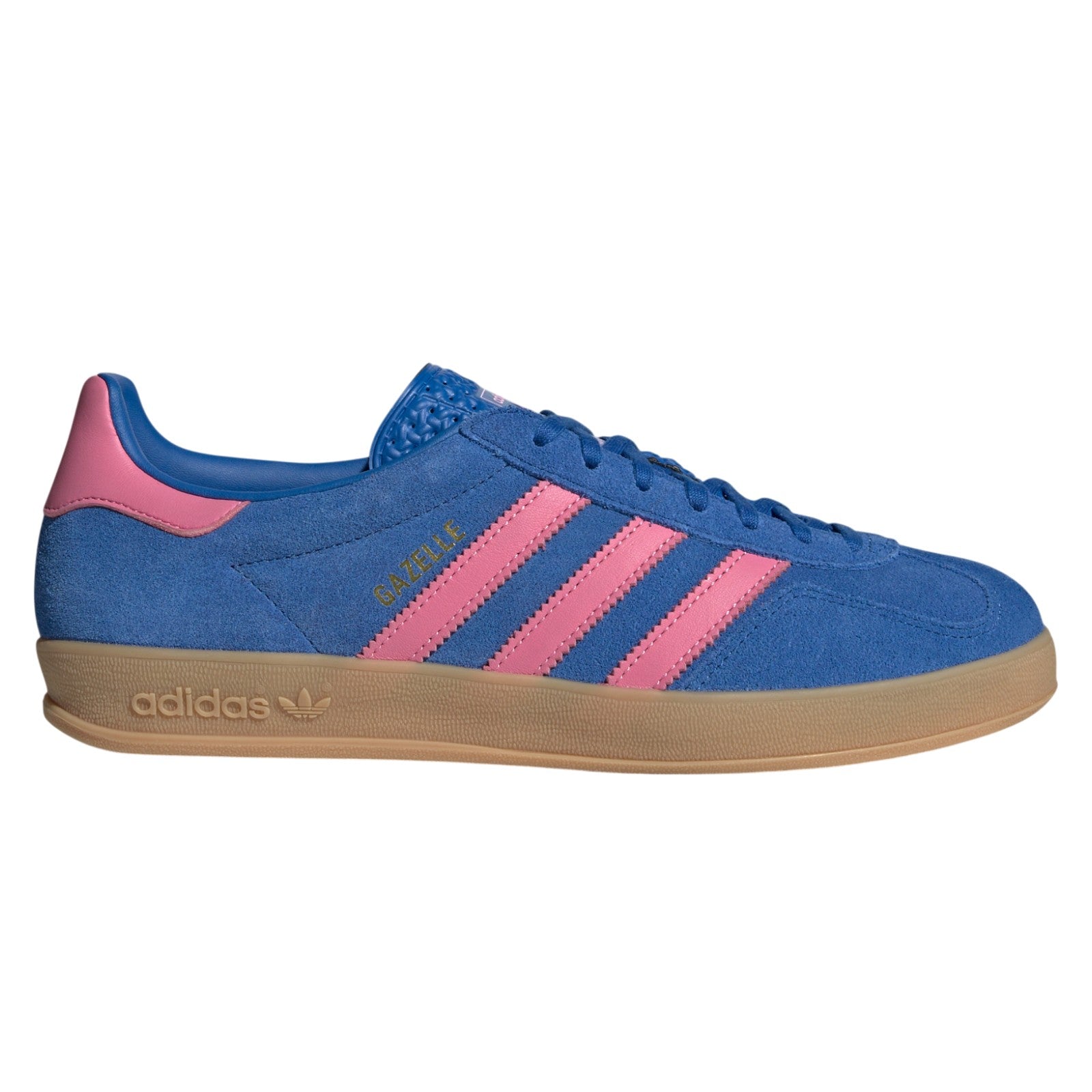 Blue and pink Adidas sneaker with brown sole on a white background