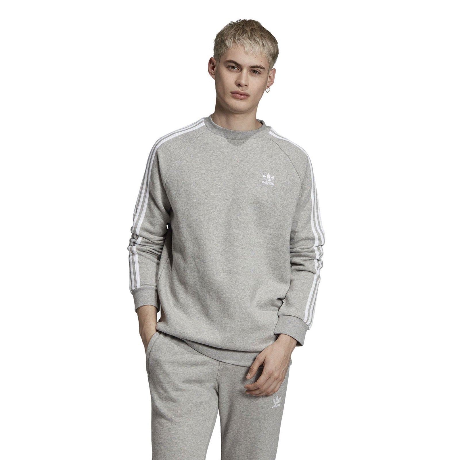 Adidas grey three stripe sweatshirt discount