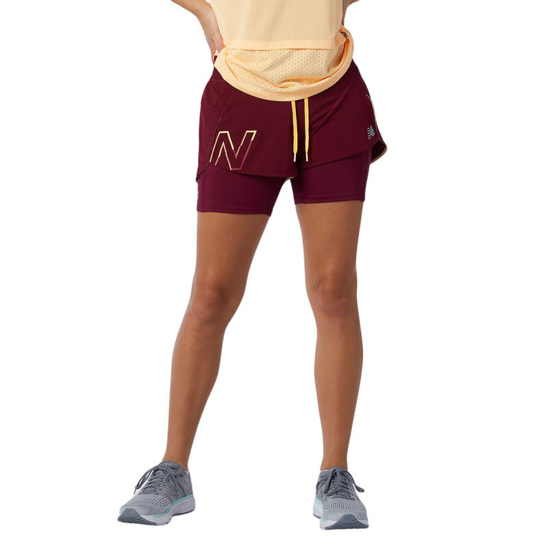 New Balance Womens Printed Impact Run 2In1 Shorts - Garnet